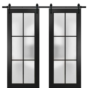 Sturdy Double Barn Door | Planum 2122 Matte Black with Frosted Glass and Aluminum Strips | 13FT Rail Hangers Heavy Set | Modern Solid Panel Interior Doors