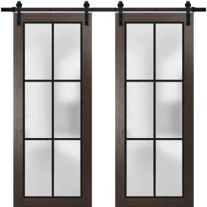 Sturdy Double Barn Door | Planum 2122 Chocolate Ash with Frosted Glass and Aluminum Strips | 13FT Rail Hangers Heavy Set | Modern Solid Panel Interior Doors