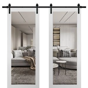 Planum 2102 Interior Modern Closet Double Barn Doors White Silk with Black Hardware Rails 13FT