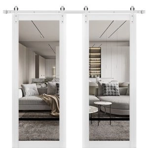 Sturdy Double Barn Door | Lucia 2666 White Silk with Clear Glass and Aluminum Strips | 13FT Rail Hangers Heavy Set | Solid Panel Interior Doors