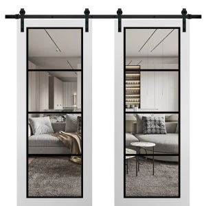 Sturdy Double Barn Door | Lucia 2466 White Silk with Clear Glass and Aluminum Strips | 13FT Rail Hangers Heavy Set | Solid Panel Interior Doors
