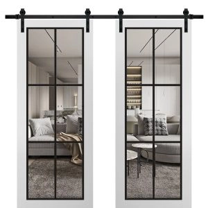 Sturdy Double Barn Door | Lucia 2366 White Silk with Clear Glass and Aluminum Strips | 13FT Rail Hangers Heavy Set | Solid Panel Interior Doors