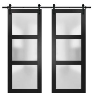 Sturdy Double Barn Door | Lucia 2552 Matte Black with Frosted Glass | 13FT Rail Hangers Heavy Set | Solid Panel Interior Doors
