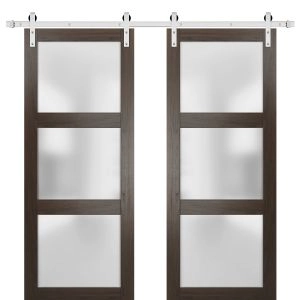 Sturdy Double Barn Door | Lucia 2552 Chocolate Ash with Frosted Glass | Silver 13FT Rail Hangers Heavy Set | Solid Panel Interior Doors