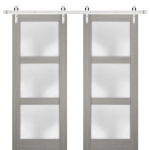 Sturdy Double Barn Door | Lucia 2552 Ginger Ash with Frosted Glass | 13FT Silver Rail Hangers Heavy Set | Solid Panel Interior Doors