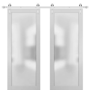 Planum 2102 Interior Modern Closet Double Barn Doors White Silk with Black Hardware Rails 13FT