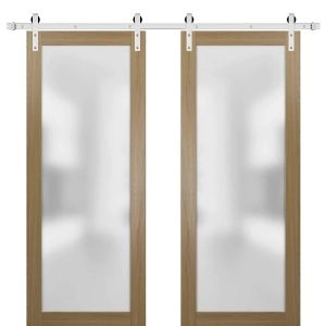 Sturdy Double Barn Door with Frosted Glass | Planum 2102 Honey Ash | 13FT Silver Rail Hangers Heavy Set | Modern Solid Panel Interior Doors -36" x 84" (2* 18x84)