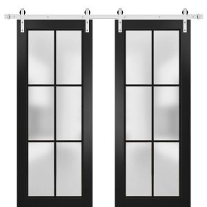 Sturdy Double Barn Door | Planum 2122 Matte Black with Frosted Glass and Aluminum Strips | 13FT Silver Rail Hangers Heavy Set | Modern Solid Panel Interior Doors