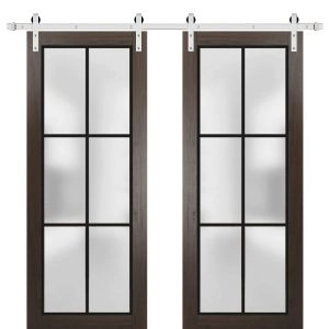 Sturdy Double Barn Door | Planum 2122 Chocolate Ash with Frosted Glass and Aluminum Strips | 13FT Silver Rail Hangers Heavy Set | Modern Solid Panel Interior Doors