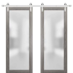Planum 2102 Interior Modern Closet Double Barn Doors Ginger Ash with Black Hardware Rails 13FT