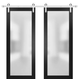 Sturdy Double Barn Door | Planum 2102 Matte Black with Frosted Glass | 13FT Silver Rail Hangers Heavy Set | Modern Solid Panel Interior Doors
