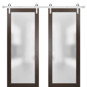 Sturdy Double Barn Door | Planum 2102 Chocolate Ash with Frosted Glass | 13FT Silver Rail Hangers Heavy Set | Modern Solid Panel Interior Doors