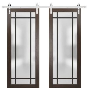 Sturdy Double Barn Door | Planum 2112 Chocolate Ash with Frosted Glass and Aluminum Strips | 13FT Silver Rail Hangers Heavy Set | Modern Solid Panel Interior Doors