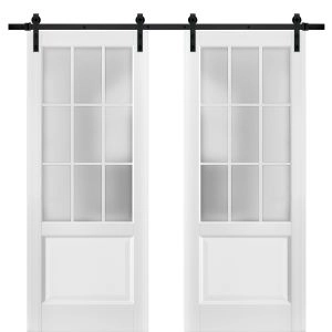 Sturdy Double Barn Door with | Felicia 3309 White Silk with Frosted Glass | 13FT Rail Hangers Heavy Set | Solid Panel Interior Doors