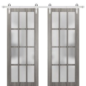 Sturdy Double Barn Door 12 Lites | Felicia 3312 Ginger Ash Grey with Frosted Glass | Silver 13FT Rail Hangers Heavy Set | Solid Panel Interior Doors