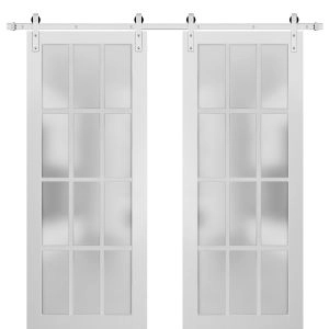 Sturdy Double Barn Door with Clear Frosted 12 lites with Frosted Glass | Felicia 3312 Matte White | 13FT Rail Hangers Heavy Set | Solid Panel Interior Doors