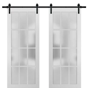 Sturdy Double Barn Door with Frosted Glass 12 Lites | Felicia 3312 Matte White | 13FT Rail Hangers Heavy Set | Solid Panel Interior Doors-36" x 80" (2* 18x80)