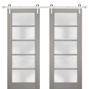 Sturdy Double Barn Door | Quadro 4002 Ginger Ash with Frosted Glass | Silver 13FT Rail Hangers Heavy Set | Solid Panel Interior Doors