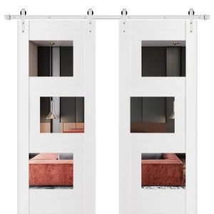 Modern Double Barn Door / Sete 6999 White Silk with Mirror / 13FT Rail Track Set / Solid Panel Interior Doors-36" x 80" (2* 18x80)