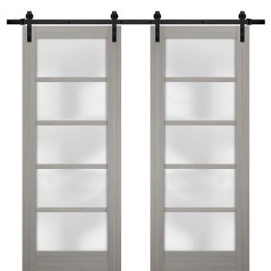Sturdy Double Barn Door | Quadro 4002 Ginger Ash with Frosted Glass | 13FT Rail Hangers Heavy Set | Solid Panel Interior Doors