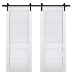 Sturdy Double Barn Door | Veregio 7411 White Silk | 13FT Rail Hangers Heavy Set | Solid Panel Interior Doors