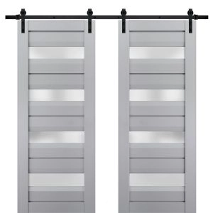 Sturdy Double Barn Door | Veregio 7455 Matte Grey with Frosted Glass | 13FT Rail Hangers Heavy Set | Solid Panel Interior Doors