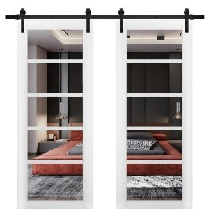 Sturdy Double Barn Door | Quadro 4522 White Silk with Clear Glass | 13FT Rail Hangers Heavy Set | Solid Panel Interior Doors