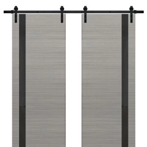Sturdy Double Barn Door | Planum 0040 Grey Oak with Black Glass | 13FT Rail Hangers Heavy Set | Solid Panel Interior Doors