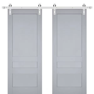 Sturdy Double Barn Door | Veregio 7411 Matte Grey | Silver 13FT Rail Hangers Heavy Set | Solid Panel Interior Doors