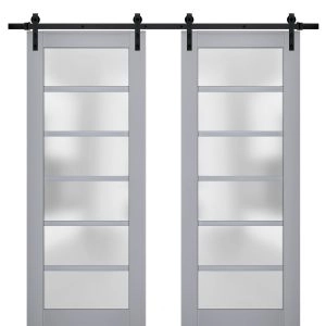 Sturdy Double Barn Door | Veregio 7602 Matte Grey with Frosted Glass | 13FT Rail Hangers Heavy Set | Solid Panel Interior Doors