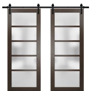 Sturdy Double Barn Door | Quadro 4002 Chocolate Ash with Frosted Glass | 13FT Rail Hangers Heavy Set | Solid Panel Interior Doors