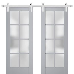 Sturdy Double Barn Door | Veregio 7412 Matte Grey with Frosted Glass | Silver 13FT Rail Hangers Heavy Set | Solid Panel Interior Doors
