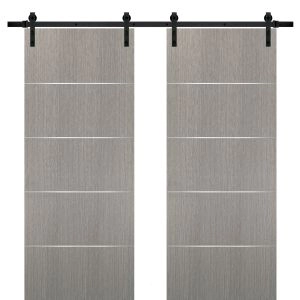 Sliding Double Barn Doors with Hardware | Planum 0020 Grey Oak | 13FT Rail Hangers Sturdy Set | Modern Solid Panel Interior Hall Bedroom Bathroom Door