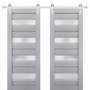 Sturdy Double Barn Door | Veregio 7455 Matte Grey with Frosted Glass | Silver 13FT Rail Hangers Heavy Set | Solid Panel Interior Doors