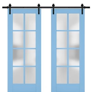 Sturdy Double Barn Door | Veregio 7412 Aquamarine with Frosted Glass | 13FT Rail Hangers Heavy Set | Solid Panel Interior Doors
