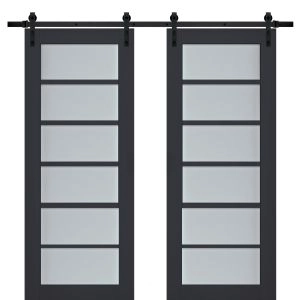 Sturdy Double Barn Door | Veregio 7602 Antracite with Frosted Glass | 13FT Rail Hangers Heavy Set | Solid Panel Interior Doors