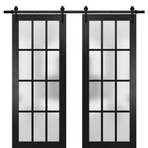Sturdy Double Barn Door 12 lites | Felicia 3312 Matte Black with Frosted Glass | 13FT Rail Hangers Heavy Set | Solid Panel Interior Doors