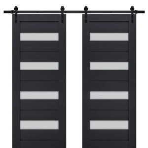 Sturdy Double Barn Door | Veregio 7455 Antracite with Frosted Glass | 13FT Rail Hangers Heavy Set | Solid Panel Interior Doors