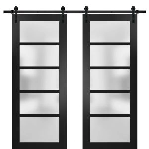 Sturdy Double Barn Door | Quadro 4002 Matte Black with Frosted Glass | 13FT Rail Hangers Heavy Set | Solid Panel Interior Doors