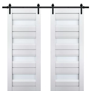 Sturdy Double Barn Door | Veregio 7455 White Silk with Frosted Glass | 13FT Rail Hangers Heavy Set | Solid Panel Interior Doors