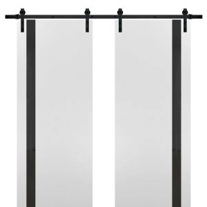 Sturdy Double Barn Door | Planum 0040 White Silk with Black Glass | 13FT Rail Hangers Heavy Set | Solid Panel Interior Doors