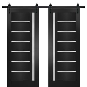 Sturdy Double Barn Door with | Quadro 4088 Matte Black with Frosted Glass | 13FT Rail Hangers Heavy Set | Solid Panel Interior Doors