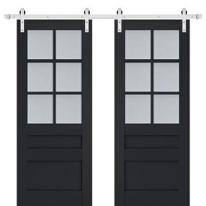 Sturdy Double Barn Door | Veregio 7339 Antracite with Frosted Glass | Silver 13FT Rail Hangers Heavy Set | Solid Panel Interior Doors