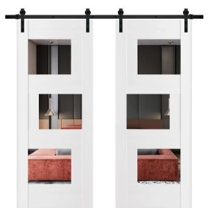 Modern Double Barn Door / Sete 6999 White Silk with Mirror / 13FT Rail Track Set / Solid Panel Interior Doors-84" x 96" (2* 42x96)