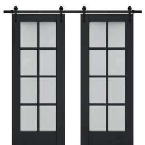 Sturdy Double Barn Door | Veregio 7412 Antracite with Frosted Glass | 13FT Rail Hangers Heavy Set | Solid Panel Interior Doors
