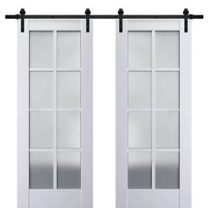Sturdy Double Barn Door | Veregio 7412 White Silk with Frosted Glass | 13FT Rail Hangers Heavy Set | Solid Panel Interior Doors