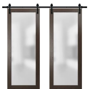 Planum 2102 Interior Modern Closet Double Barn Doors Chocolate Ash with Black Hardware Rails 13FT
