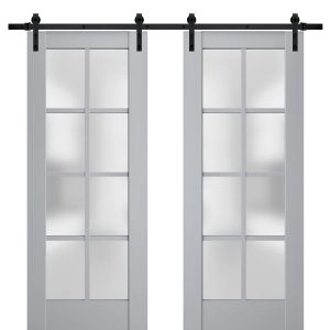 Sturdy Double Barn Door | Veregio 7412 Matte Grey with Frosted Glass | 13FT Rail Hangers Heavy Set | Solid Panel Interior Doors