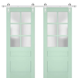 Sturdy Double Barn Door | Veregio 7339 Oliva with Frosted Glass | Silver 13FT Rail Hangers Heavy Set | Solid Panel Interior Doors