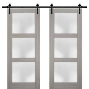 Sturdy Double Barn Door | Lucia 2552 Ginger Ash with Frosted Glass | 13FT Rail Hangers Heavy Set | Solid Panel Interior Doors